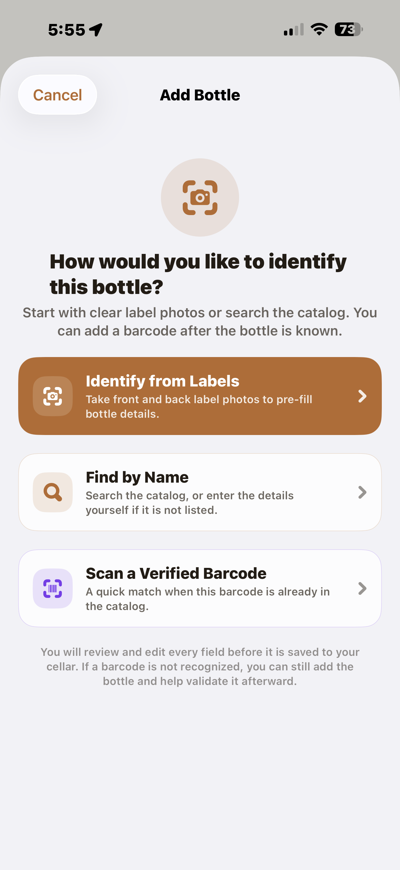 Stave options for adding a bottle by camera, barcode, catalog search, or manual entry