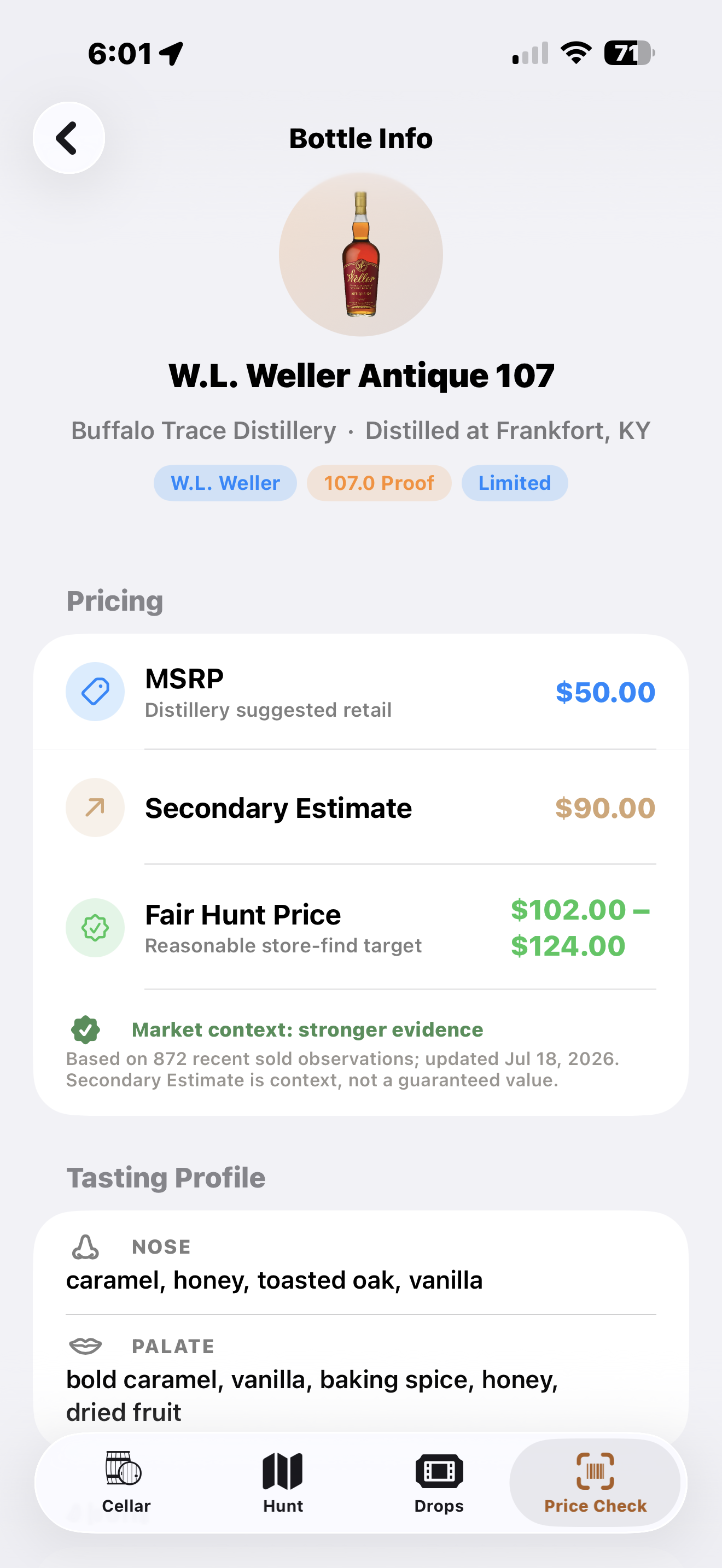 Stave bottle detail displaying MSRP, Secondary Estimate, and Fair Hunt Price