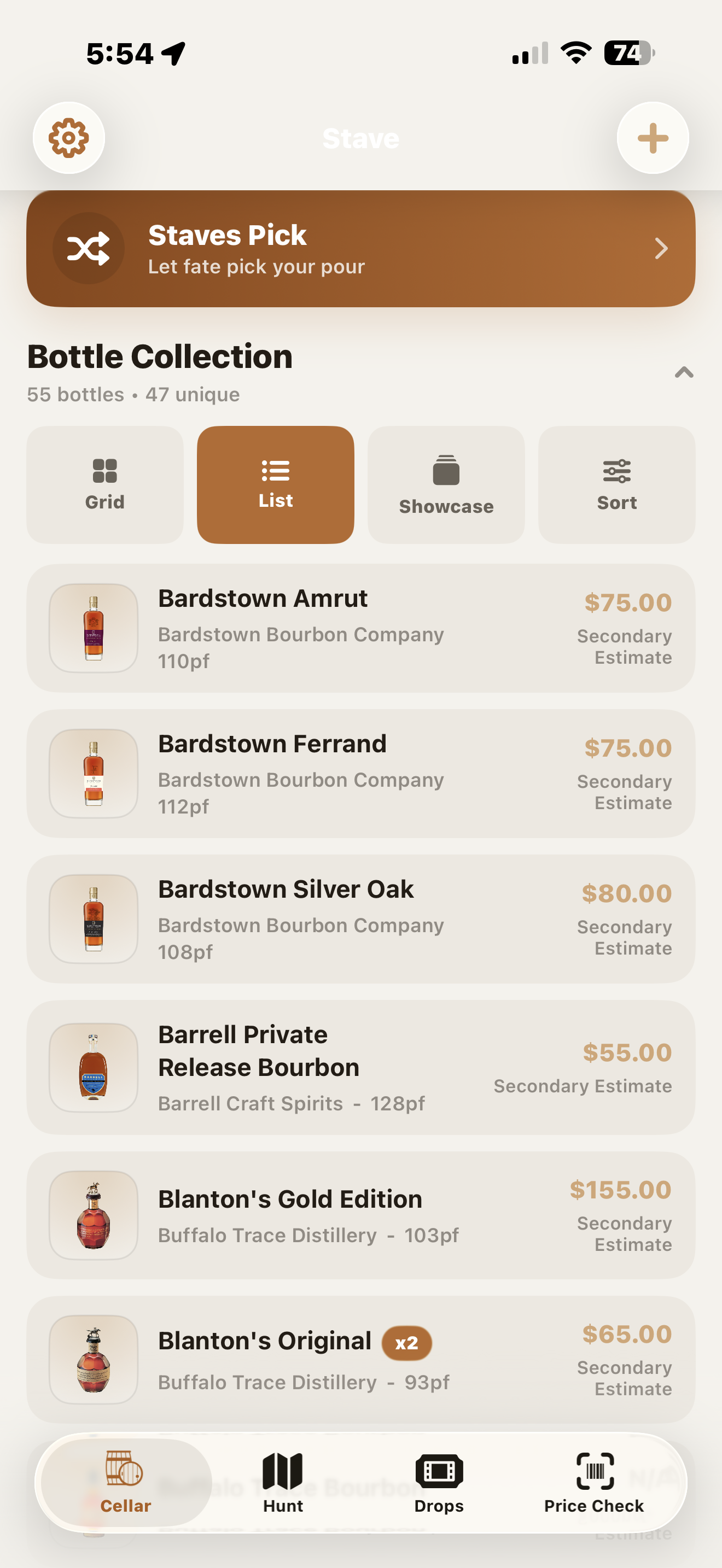 Stave bottle collection organized as a grid