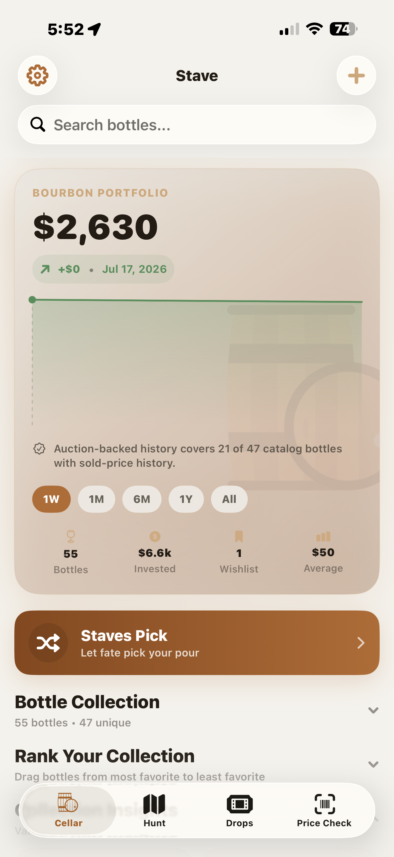 Stave Cellar portfolio with collection value history