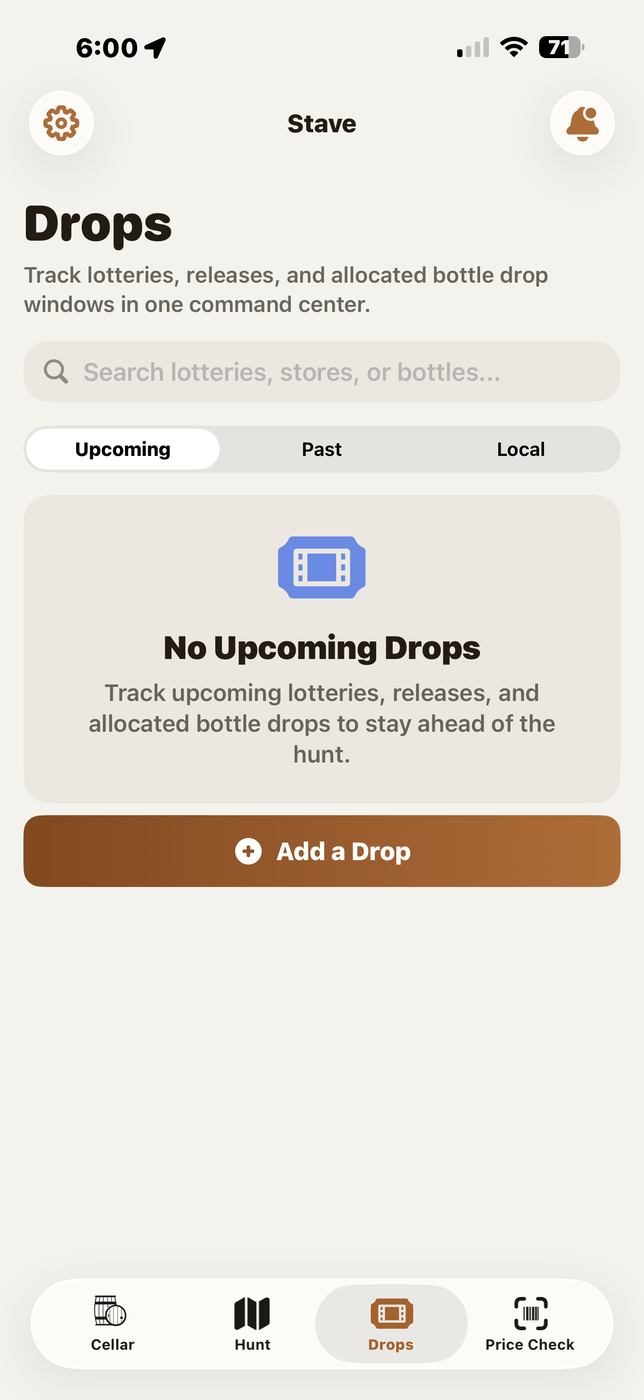 Stave Drops screen for tracking lotteries, releases, and reminder windows