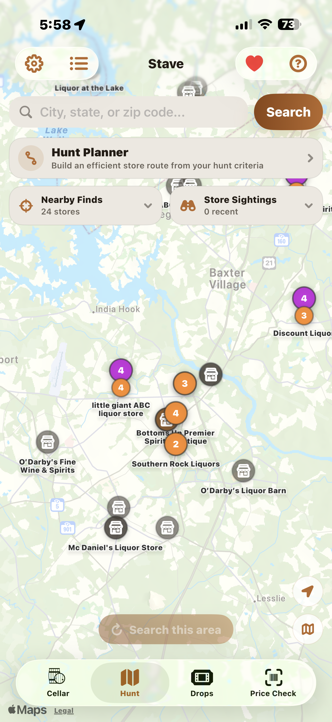 Stave Hunt map showing nearby liquor stores and bourbon-specific scores