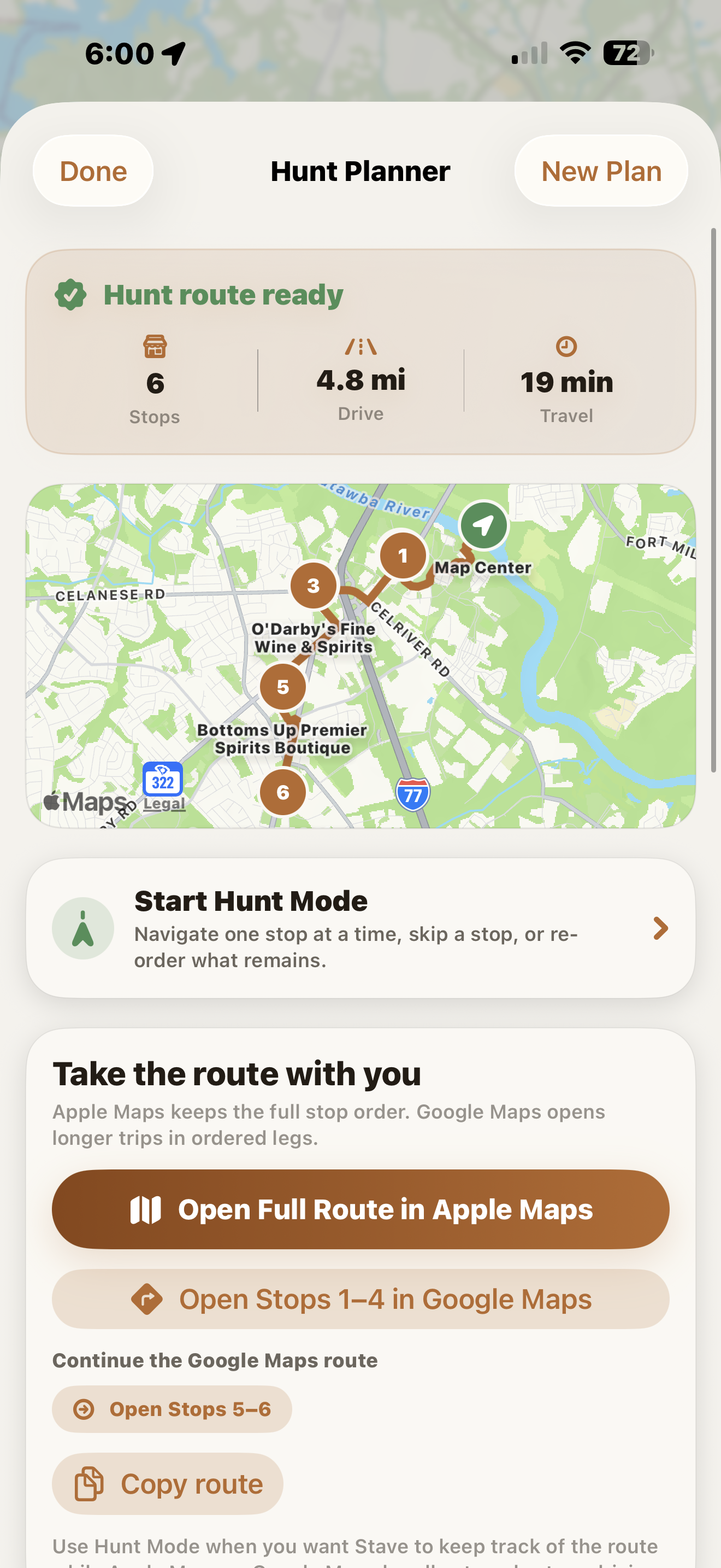 Stave Hunt Planner arranging a multi-stop bourbon route
