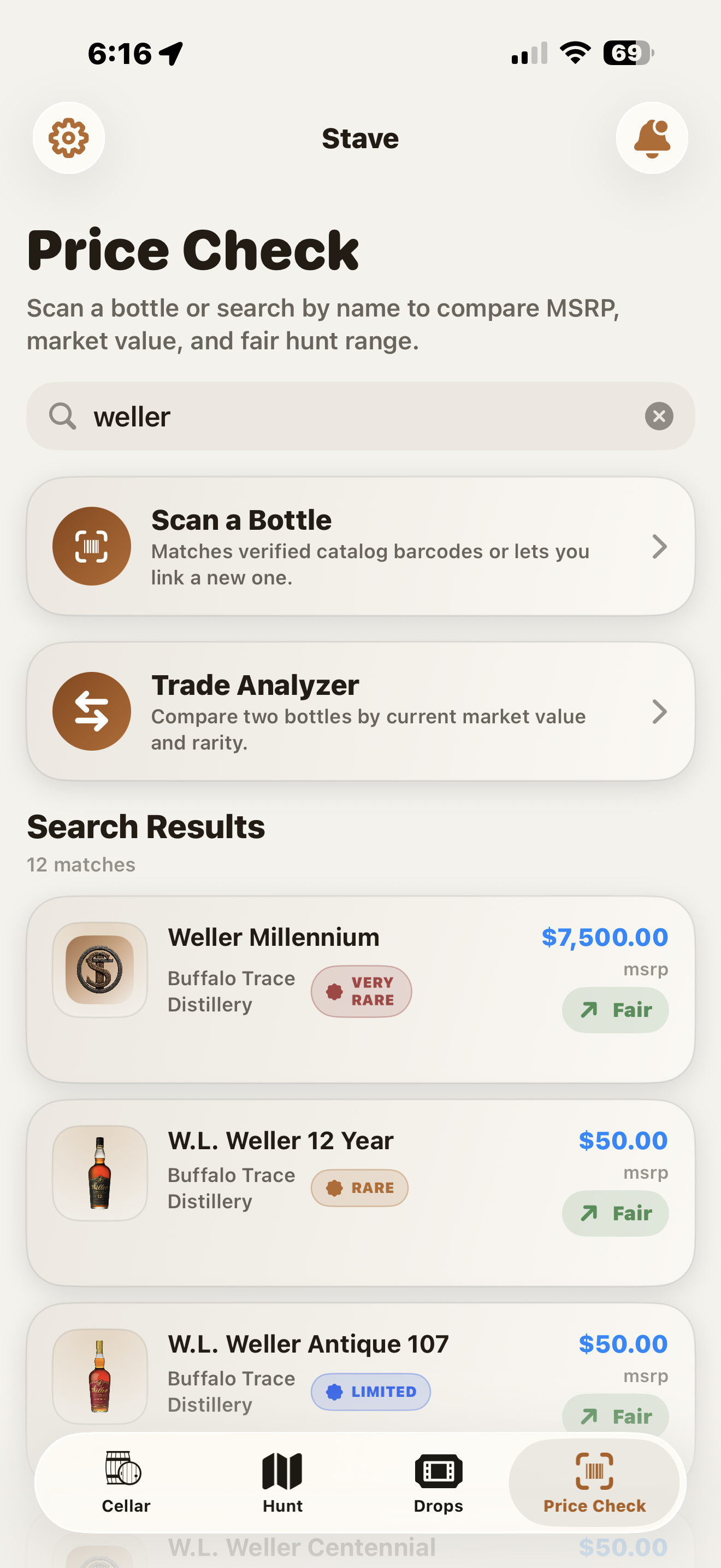 Stave Price Check showing catalog bottle search results