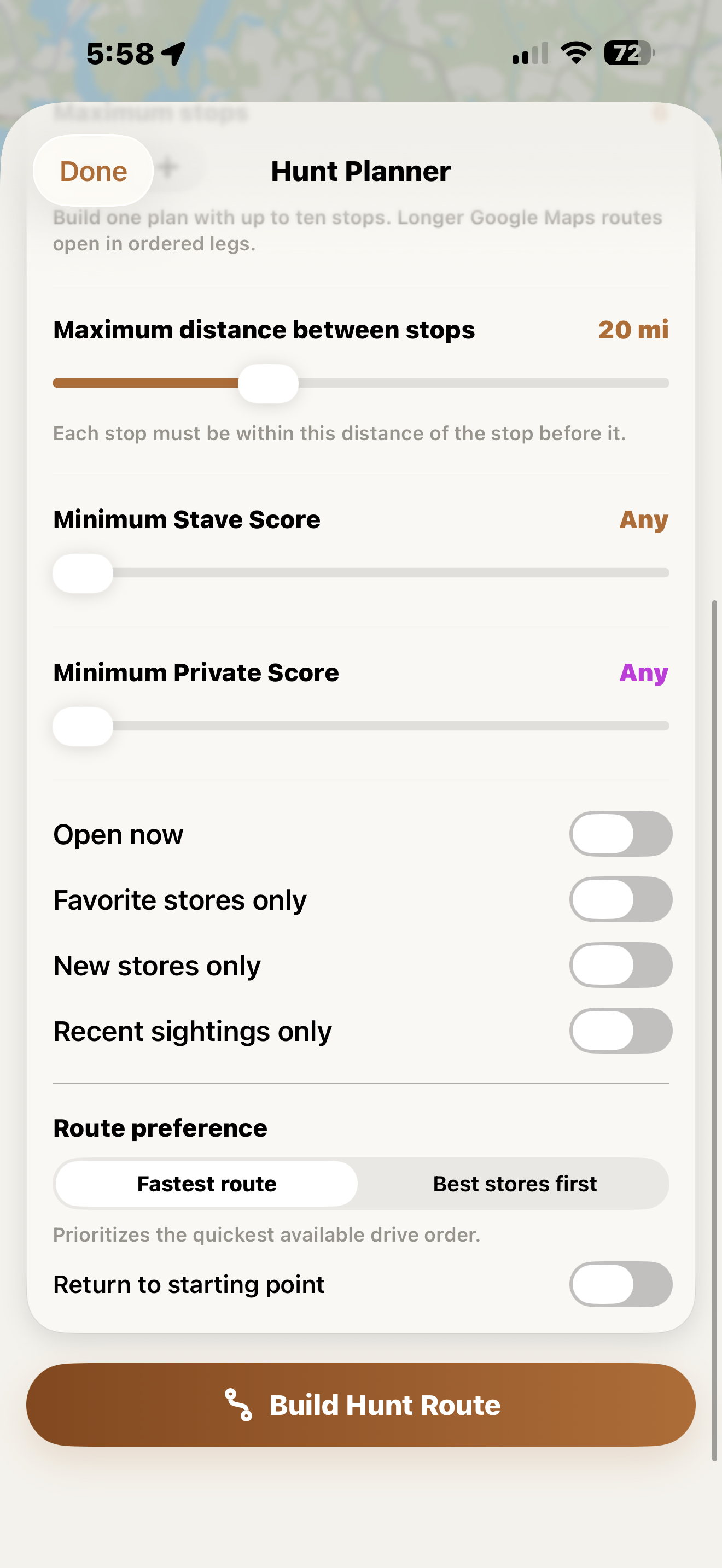 Store detail with score, hours, comments, and sighting tools